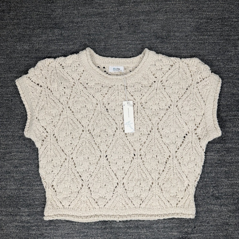 Blu Ivy Open Knit Short Sleeve Sweater Top Women Large Beige Crochet Roll Neck